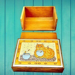 Taylor & NG Wooden Box with Tile San Francisco Kiitty Katfish vtg 1982 DAMAGED